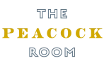 The image displays the text "THE PEACOCK ROOM" with "PEACOCK" in large yellow letters and the rest in smaller blue letters.