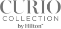 The image shows the logo for "Curio Collection by Hilton," featuring stylized text in gray.