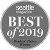 A circular badge reads "Seattle Magazine Best of 2019 Readers' Choice Winner" in white on a gray background.
