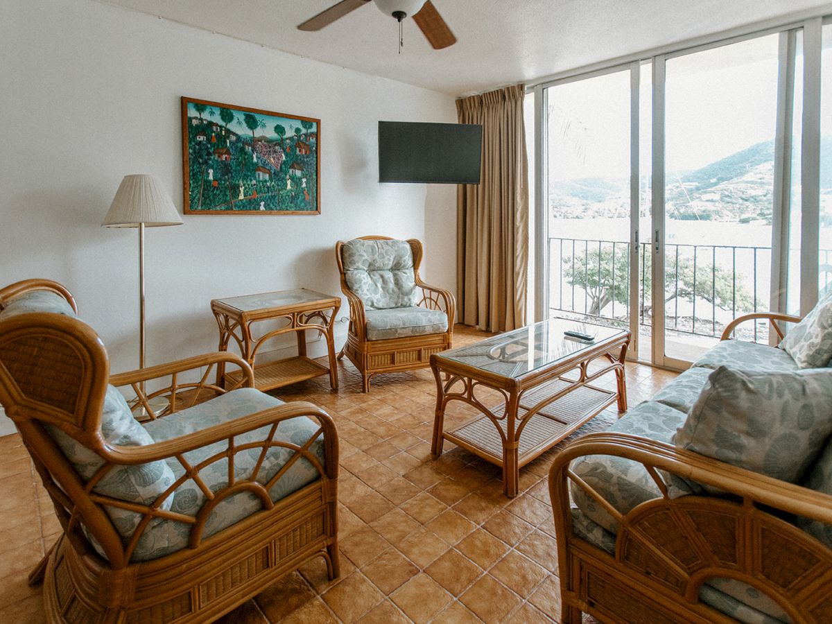 A living room with rattan furniture, a painting, a TV, a lamp, and large windows showing an outdoor view.