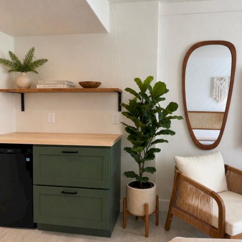Bright living room corner with a green cabinet and floating shelf, leafy plant, oval wall mirror, and cozy seating.