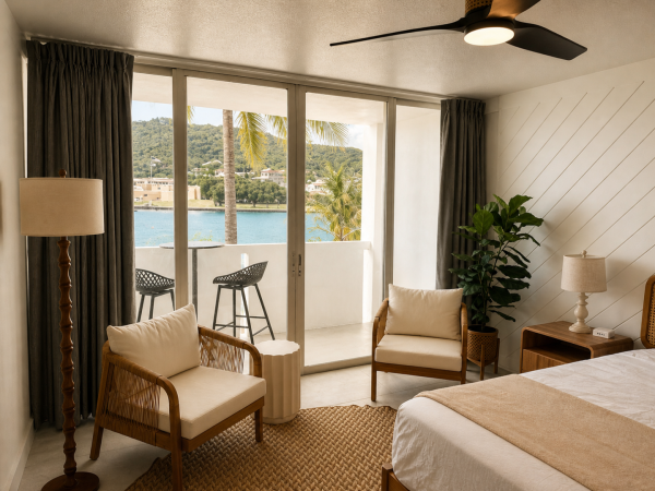 Bright coastal bedroom/living area with patio doors, rattan chairs, a bed, lamps, and lush greenery beyond.
