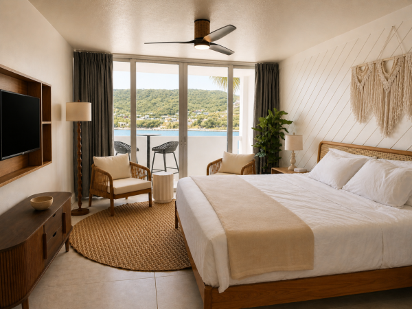 A bright hotel bedroom with a bed, TV, rattan chairs, and curtains, overlooking a lake and green hills.